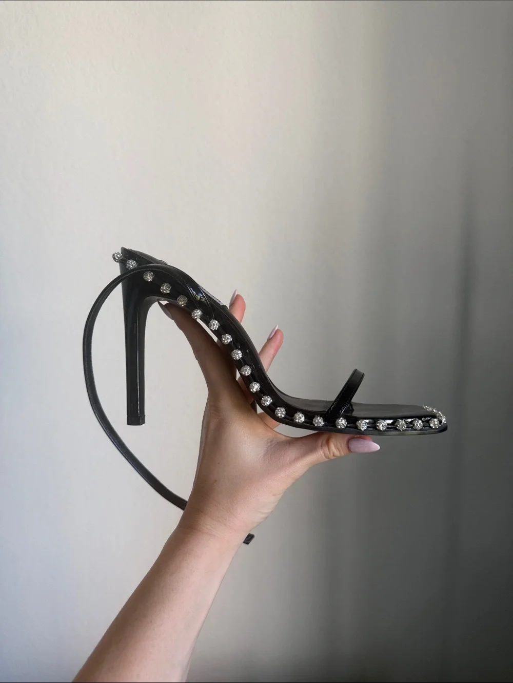 Steve Madden Black Patent Square-Toe Crystal Trim Sandal - Picture 2 of 3